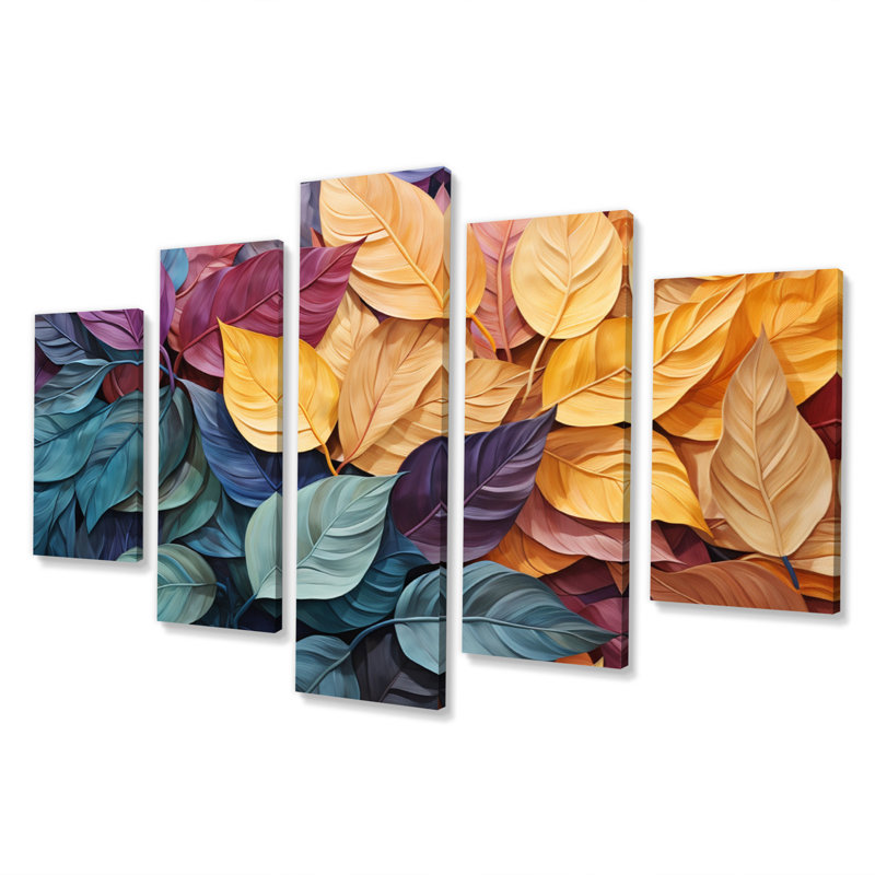 Collage de feuilles colorées II - impression d'art mural moderne - 5 panneaux