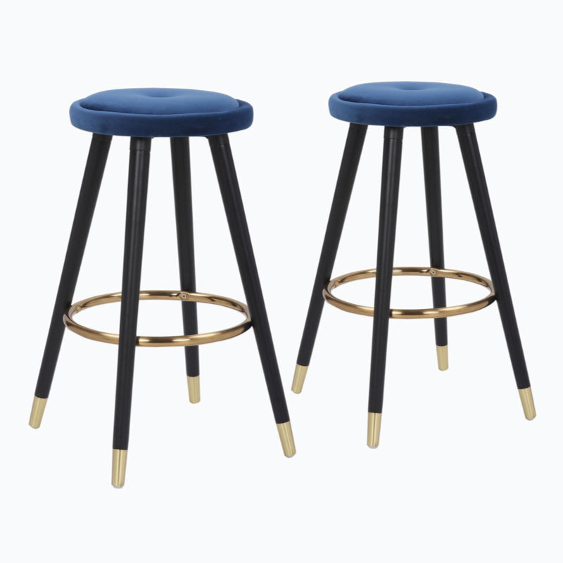 Blue Velvet and Gold Metal Backless Counter Stool