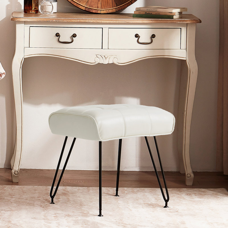 Faux Leather Upholstered Vanity Stool With Metal Legs, Cream White, Cream White