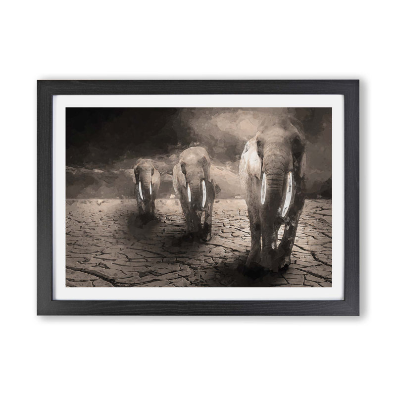Trio Of Elephants - Single Picture Frame Painting, 24cm H x 33cm W x 2cm D, Black