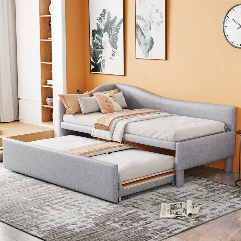 L-Shaped Upholstered Daybed With Pop Up Trundle, Gris