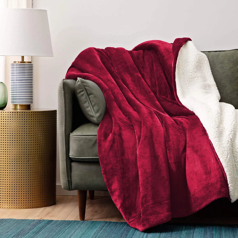 Super Soft Sherpa Fleece Fur Thick Dual Sided Flannel Reversible Blanket Throw, Burgundy, King 200cm x 240cm