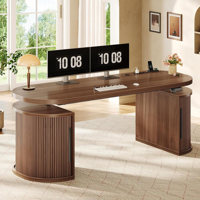 Bureau de direction à hauteur ajustable électrique 57 po avec rangement, Brun