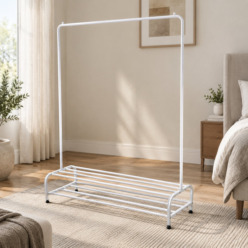 Portant à vêtements en métal avec tablette inférieure pour chambre, blanc, portant robuste