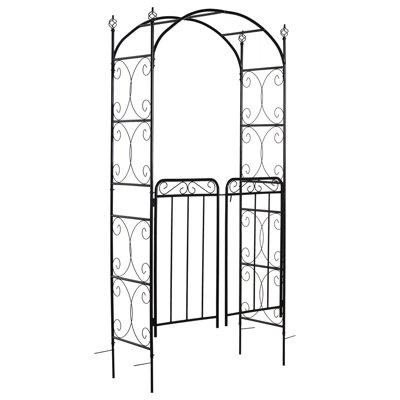 Garden Arch Arbor with Gate, Metal Arch Trellis, Garden Archway for Climbing Vines, Wedding Ceremony Decoration, Flourishes & Arrow Tips,