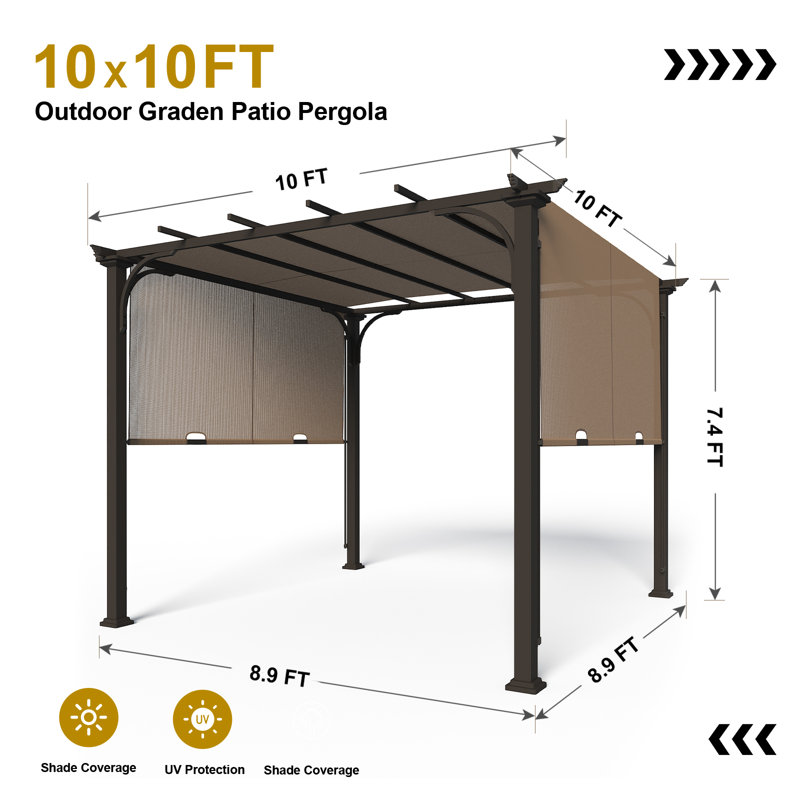 10x10 Tan Steel Pergola with Retractable Canopy