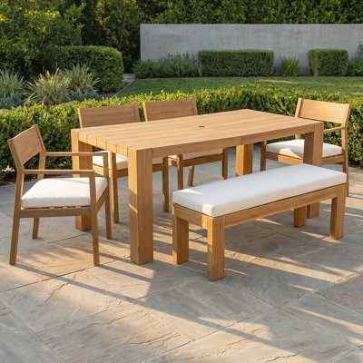 Ensemble de salle à manger en bois d'acacia avec trou pour parasol et coussins imperméables - table d'extérieur pour 6 personnes