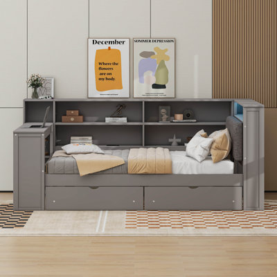 Wood Platform Bed With Storage Shelves, Drawers, Charging Station, LED, Desk And Upholstered Headboard