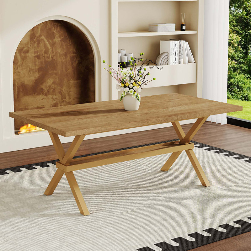 Table de salle à manger moderne et minimaliste avec plateau d'épissure et support en forme de X, Bois