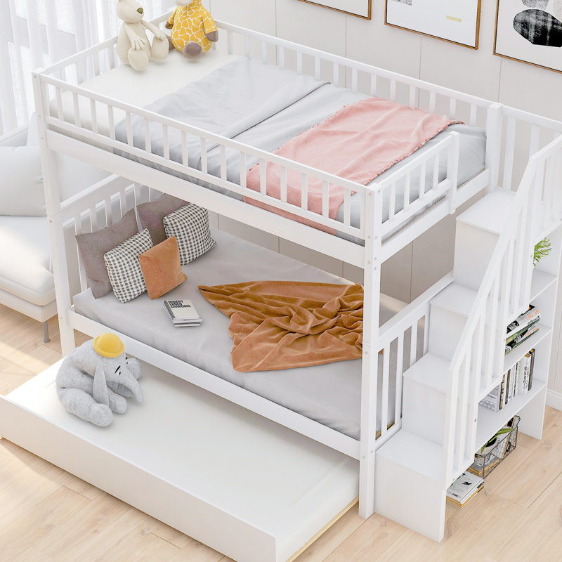 Lit superposé simple blanc avec lit gigogne et 4 tablettes - pin, lit gigogne de 66,9 po de hauteur totale, rangement en bois de pin garanti