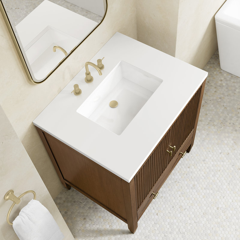 Myrrin 30" W Single Vanity, White Zeus Silestone, Mid-Century Walnut, 8" Widespread