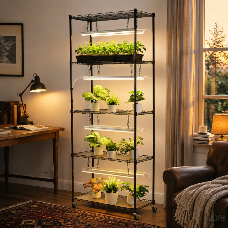 Étagère à plantes à 5 niveaux avec lampe de croissance, hauteur 179,8 cm, roulettes et minuterie 4/9/14 h