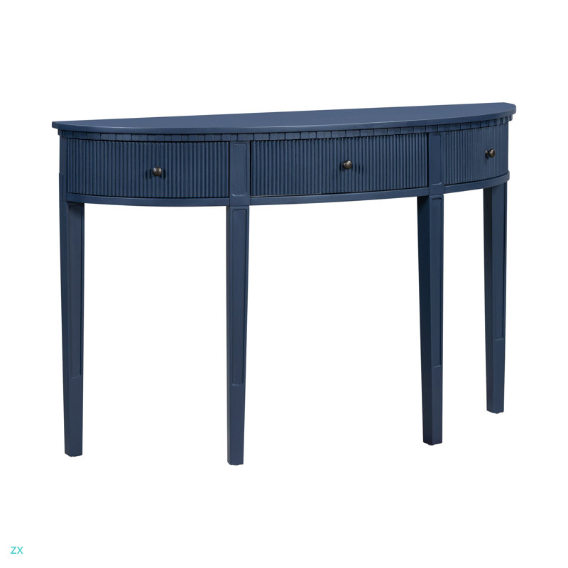 Caractéristiques distinctives de la console en placage de pin avec tiroirs à rayures verticales et quatre pieds, Marine