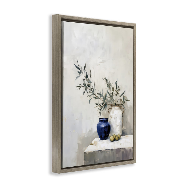 «Olives & Pottery Still Life», toile flottante encadrée par Sissi et Seb, Cadre flottant orme Montalcino, H 25 po x l 17 po