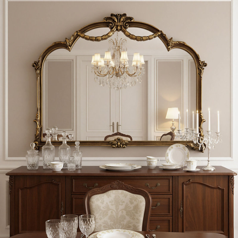 Miroir mural arqué antique avec cadre en métal Baroque, Or rétro