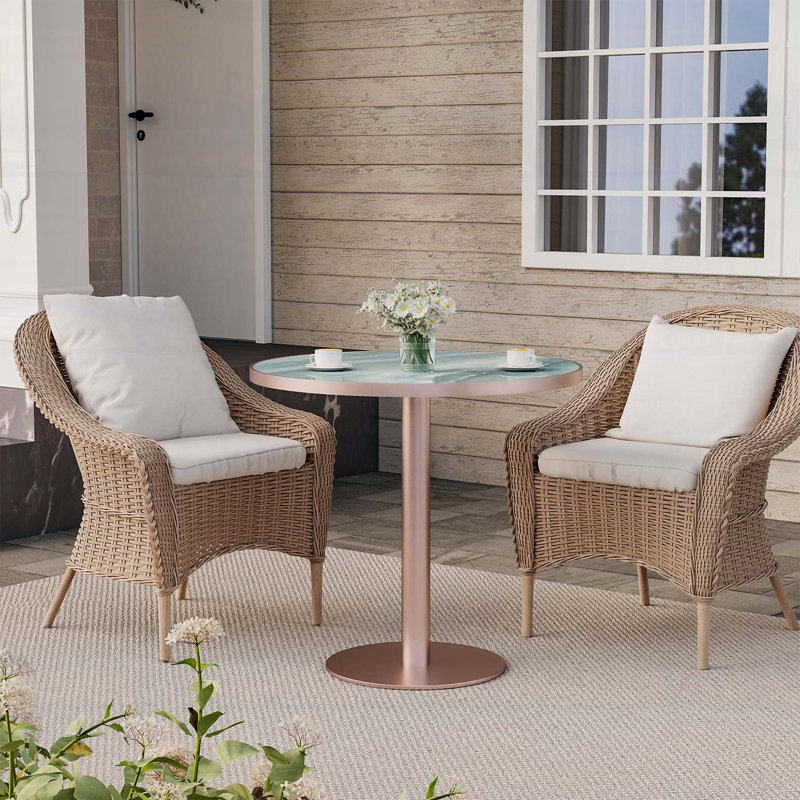 Table de salle à manger ronde ronde avec plateau en faux marbre, structure en métal robuste pour les espaces compacts