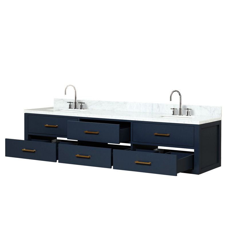 Meuble-lavabo double 80 po avec comptoir en marbre et robinets Blue, cadre en bois massif, panneaux l 80 po x P 22 po