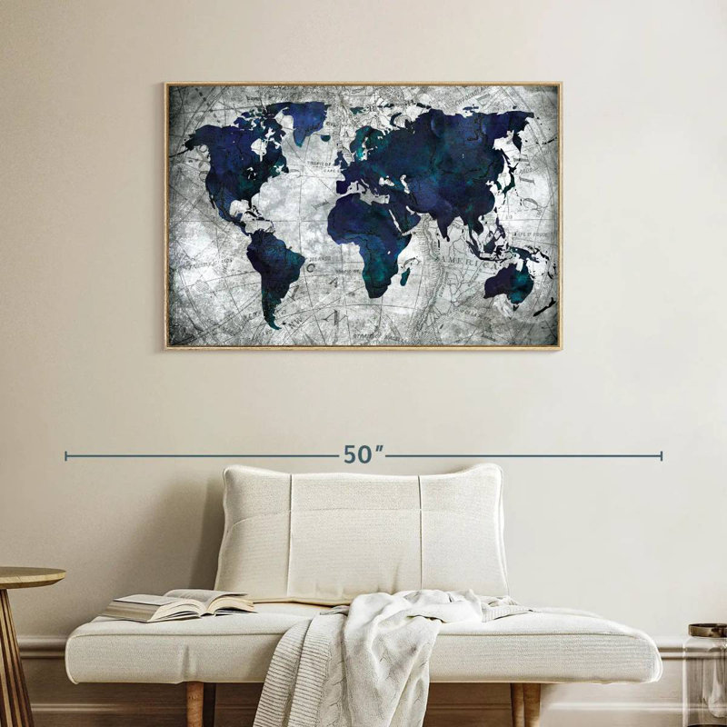 Carte du monde, 40 po x 27 po, Cadre flottant en bois naturel