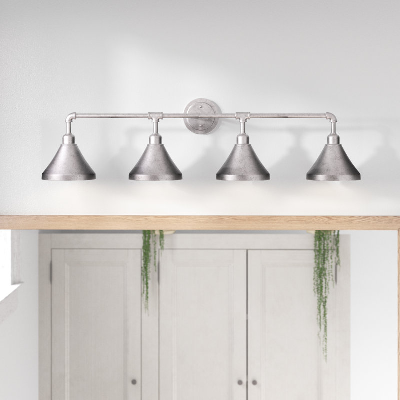 Eilif Vintage 4 Light Bath Bar With 7" Cone Metal Shade, Aged Silver