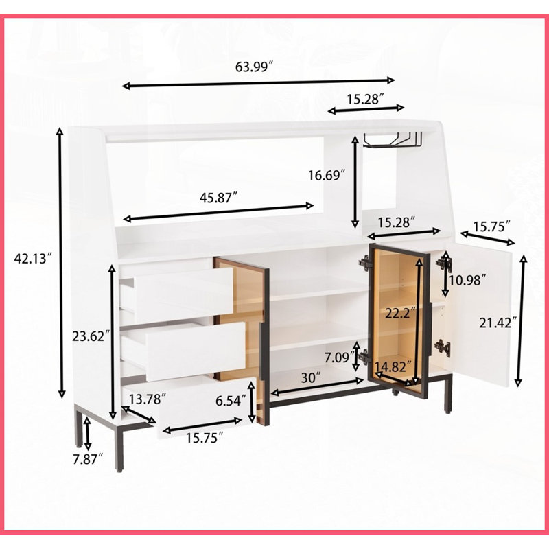 Table basse multifonctionnelle avec 3 tiroirs Porte en verre - grande capacité pour le vin, les verres et Décoration