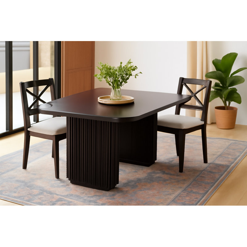 Table de salle à manger rectangulaire en bois de manguier massif 80 po x 42 po pour 8 personnes - Base piédestal cannelée noir mat, table de salle à manger moderne