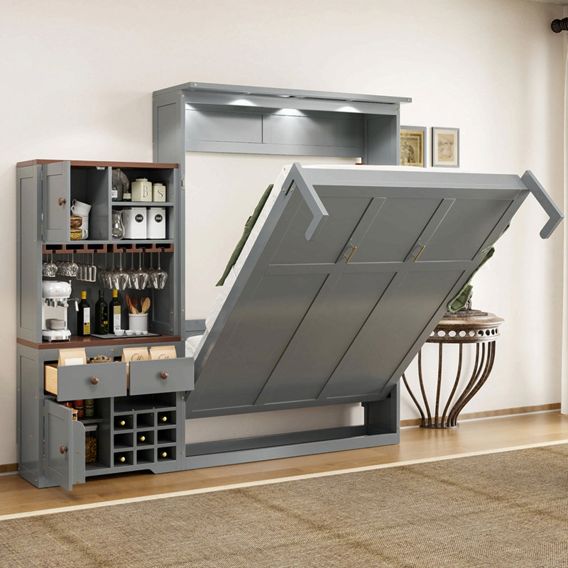 Grand lit escamotable avec armoire de rangement, support à vin, porte-verre, tiroirs et bande à DEL multicolore