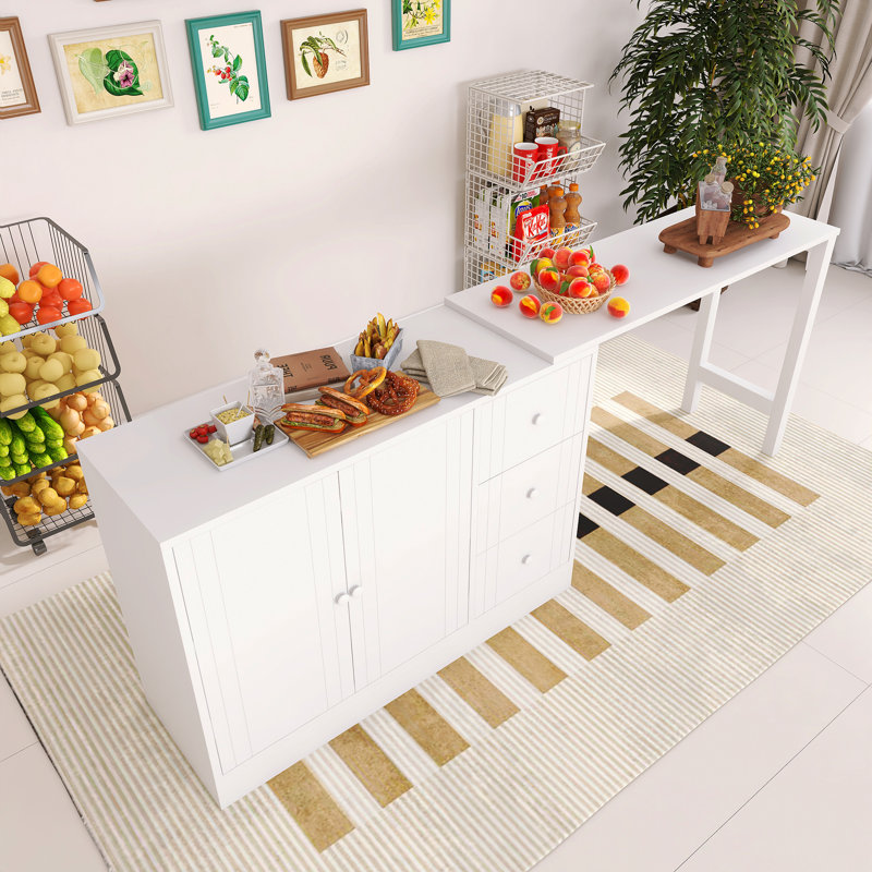 Buffet en bois 89,70 pouces avec table extensible et tiroirs, White