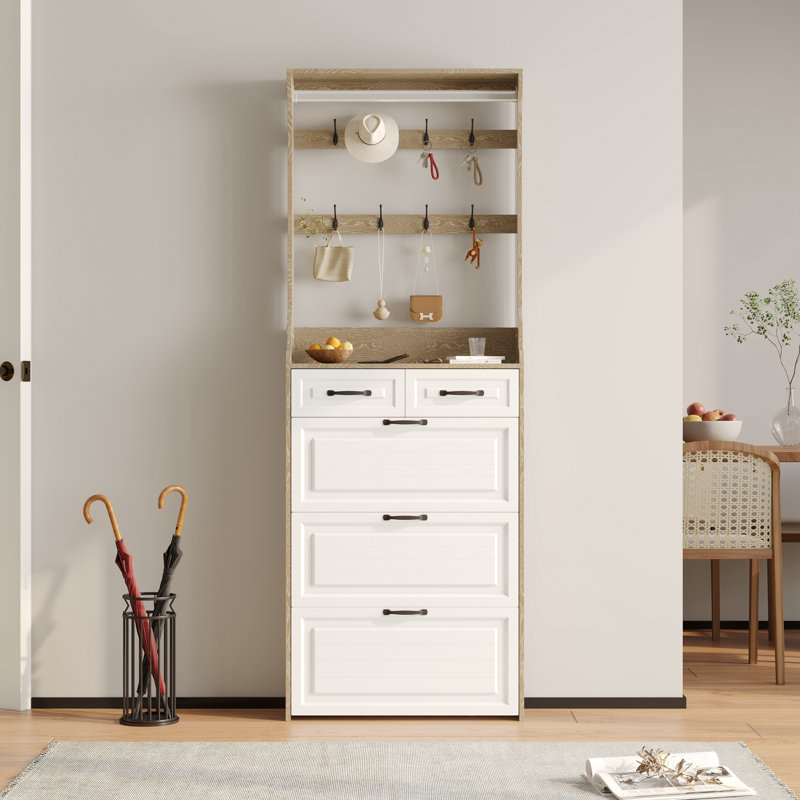 Hall Tree 31.5'' Wide with Shoe Storage, Brown/White
