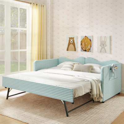 Gingham Upholstered Daybed with Pull-Out Trundle, Side Storage, and Solid Wood Frame for Kids and Guests
