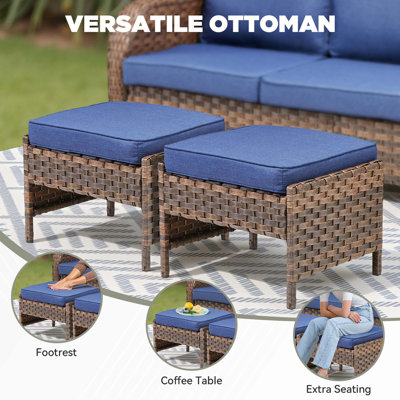 Ensemble de 2 repose-pieds d'extérieur en osier PE avec coussins amovibles beiges, repose-pieds résistants aux intempéries pour la détente sur la terrasse, le patio ou la cour.