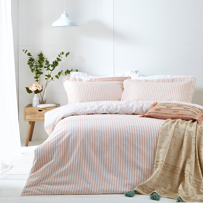 Hebden Mélange Stripe 100% Cotton Duvet Cover Set, Double Duvet Cover + 2 Standard Pillowcases, White
