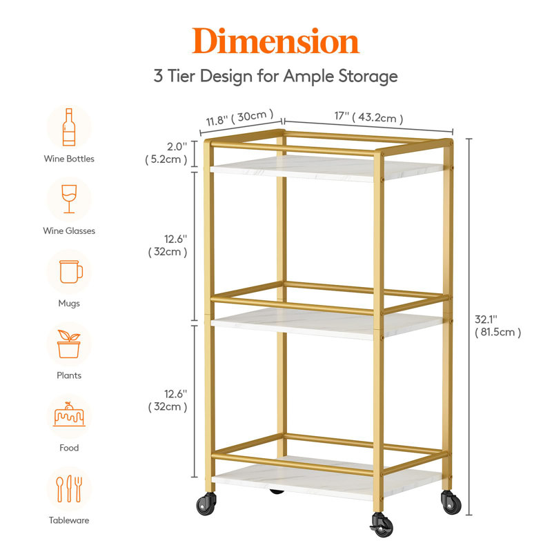 81.5cm H x 43.2cm W Utility Cart, Gold