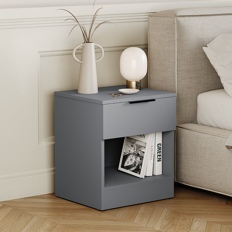 Tanishi 1 Drawer Bedside Chest With Open Storage Shelf Modern Bedroom Nightstand, Grey