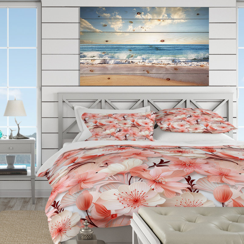 Seaside Elegance Tropical Pattern II Floral Duvet Cover, Queen Duvet Cover + 2 Standard Shams