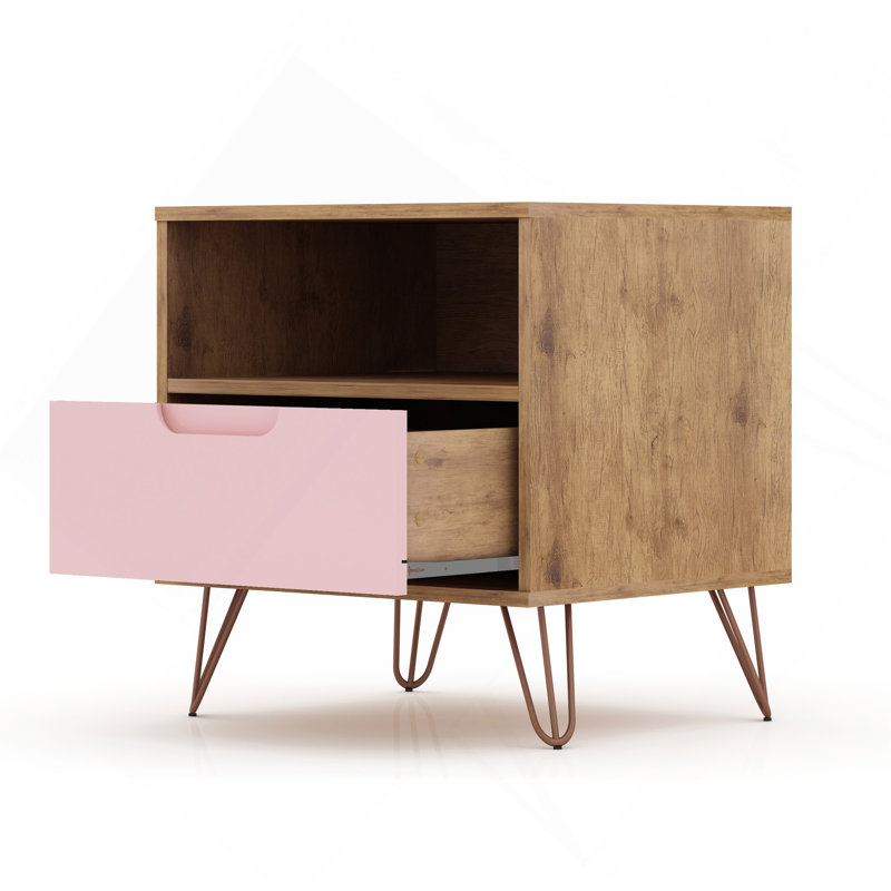 Rockefeller 20" Nightstand In Pink (1-Drawer), Pink/Bronze