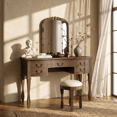 Vintage Makeup Vanity with Curved Flower Frame Mirror, 5 Drawers, Leather Stool, and Solid Wood Legs for Elegant Bedroom Decor