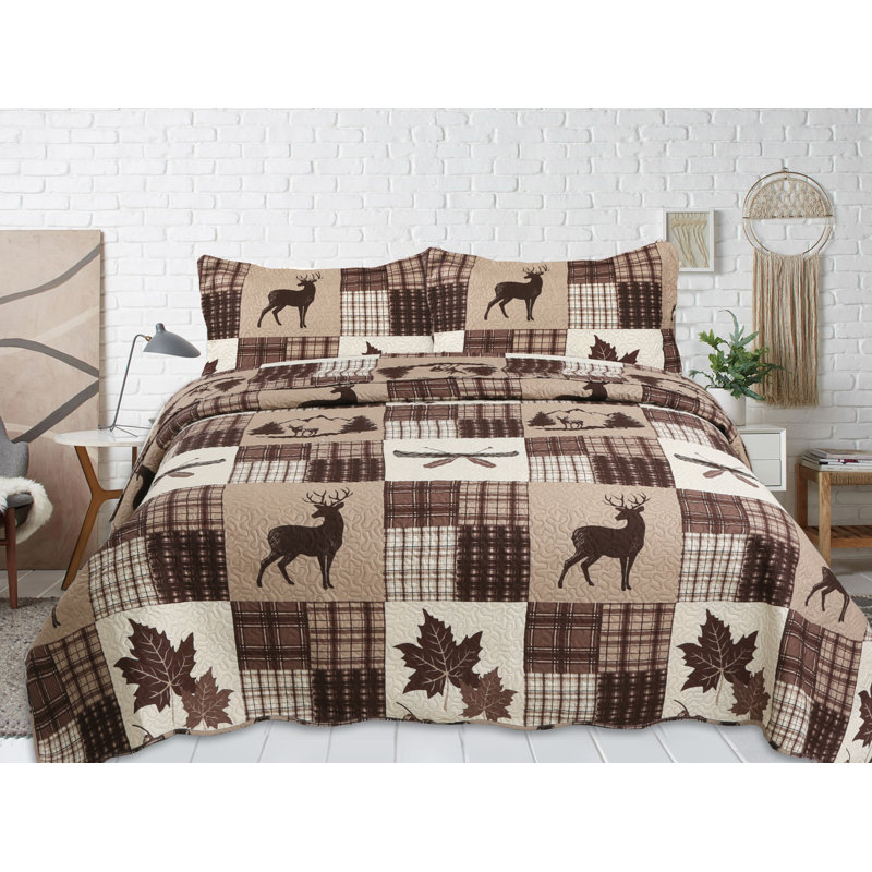 Marina Decoration Home Bedroom Pinsonic Bedding Coverlet Bedspread Ultra Soft 2 Piece Summer Embossed Printed Quilt Set with 1 Embossed Sham, Brown Cabin Maple Deer Plaid Pattern Twin/Single Size