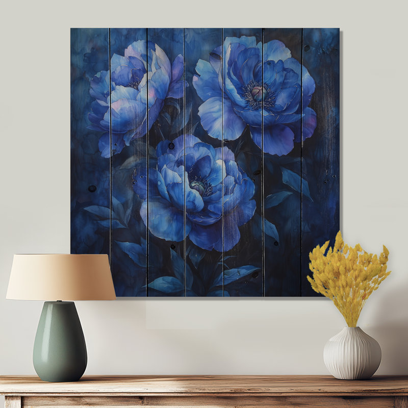 Bouquet de pivoines bleu minuit I - décoration murale en bois de pivoines - sur bois de pin naturel