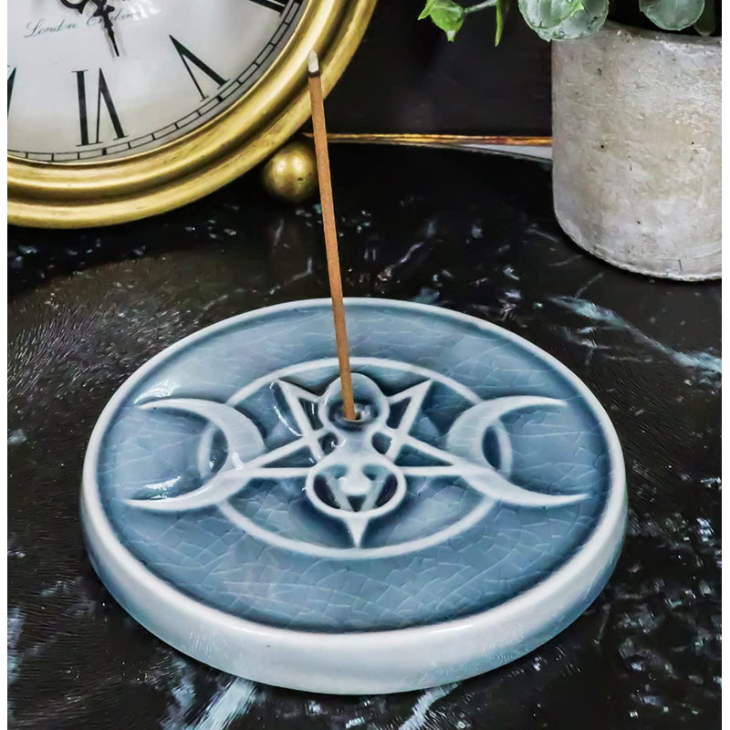 Caitin Wicca Spiral Shaman Sacred Moon Triple Goddess Pentagram Round Medallion Encens Stick Burner Figurine Crescent Full Waning Moons Parfum d'intérieur
