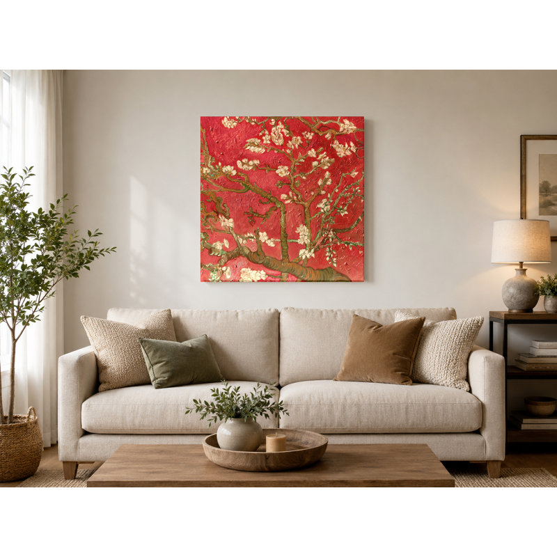 Fleurs d'amandier (variation rouge) - art mural carré sur toile, 16" W x 16" H