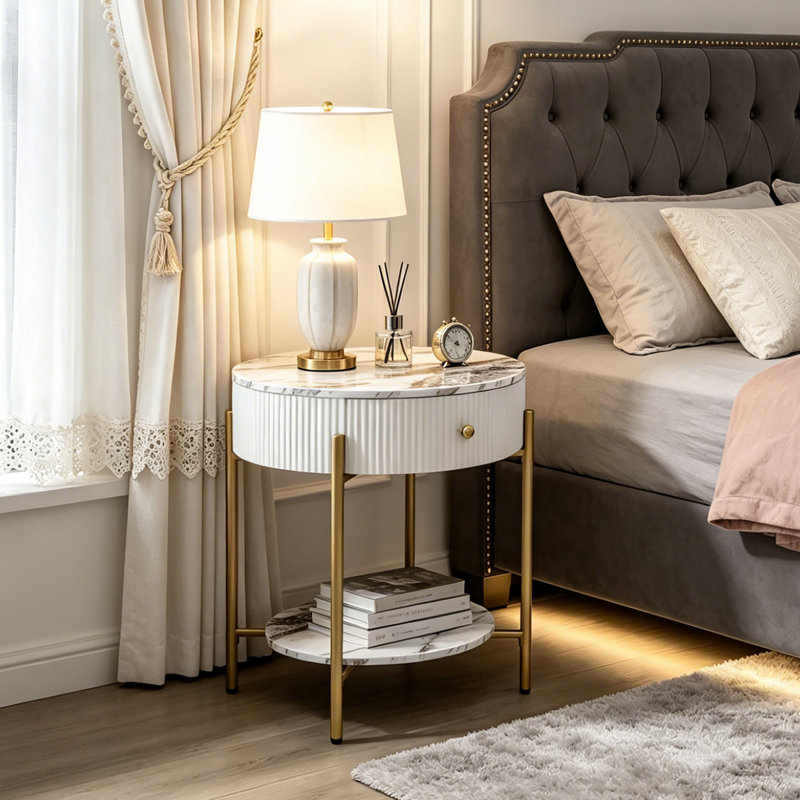 Woodville Side Table with Storage, Gold, Calacatta Gold