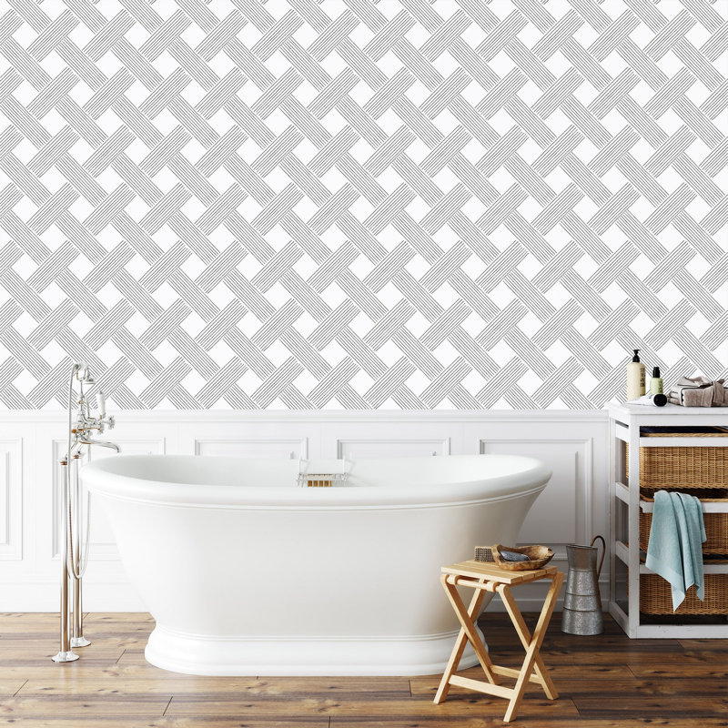 Lady Charlotte Lattice Weave 10' L x 24" W Wallpaper Roll, Black/White, Faux Grasscloth, Non-pasted