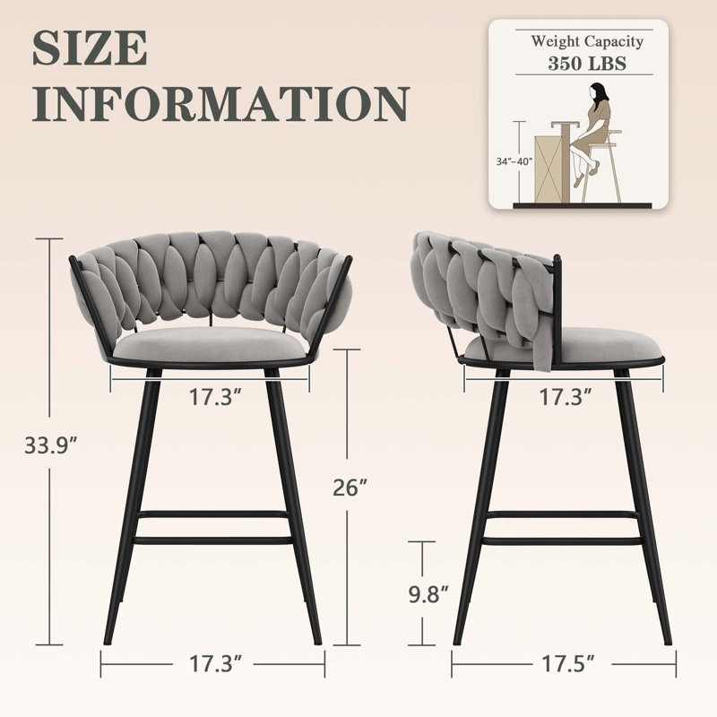 Upholstered Counter Stool With Metal Frame, Counter Stool 26" Seat Height, Grey