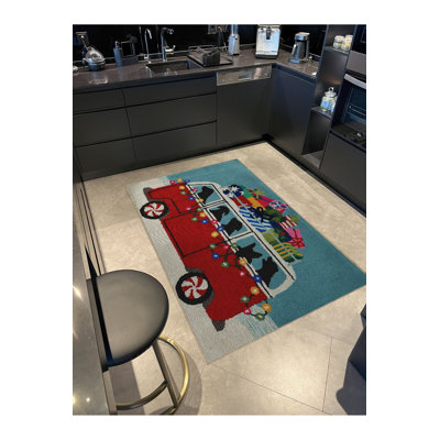 Turquoise Mini Van Car Patterned Creative Modern Decorative Washable Rug