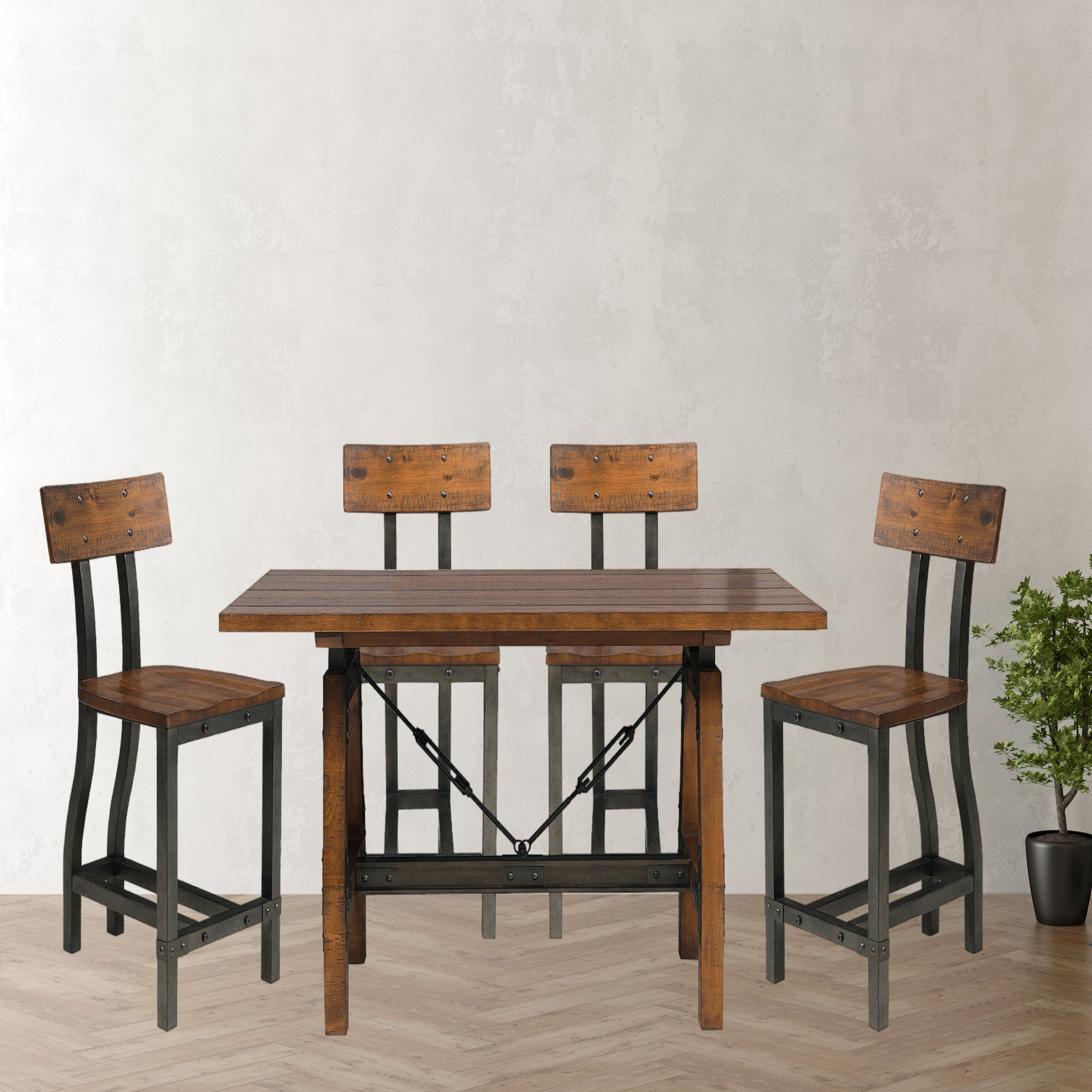 17 Stories Rustic Brown and Gunmetal Finish Dining Set Counter Height ...