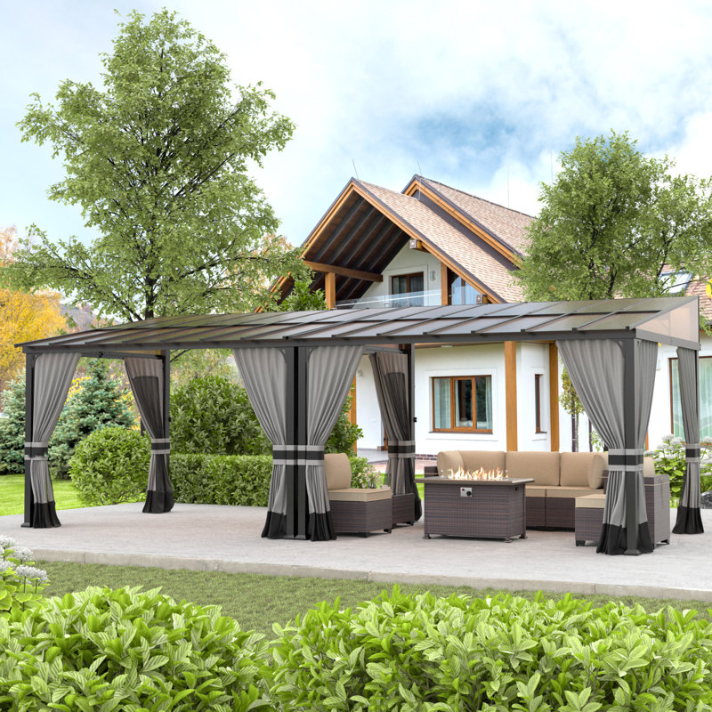 Modern Outdoor Slant-Top Hardtop Gazebo With Black Metal Frame And Curtains, 101.4" H x 292.2" W x 109.3" D