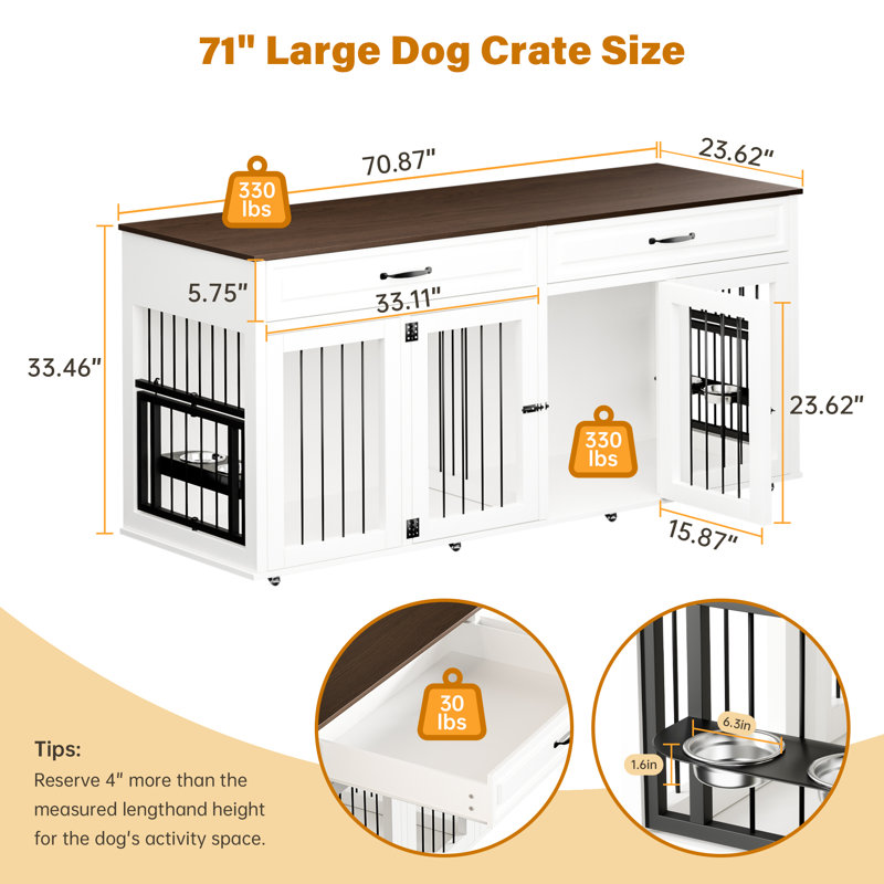 71" White Rolling Large Dog Crate Table with Drawers