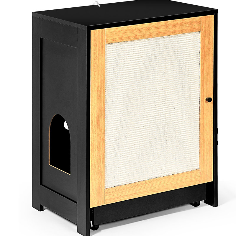 Toilette cachée pour chat, bac à litière noir avec porte et griffoir - roulettes à tirer pour la boîte, fournitures de boîtes de rangement