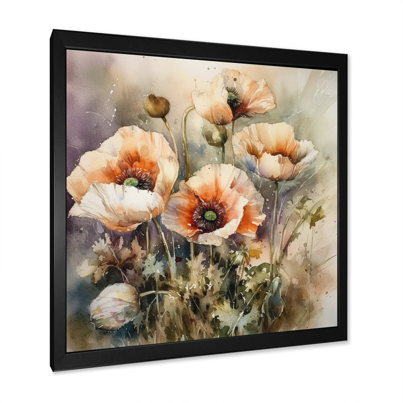 Orange, pivoines et fleurs II - art mural sur toile, Cadre photo noir, H 16 po x l 16 po x P 1 po