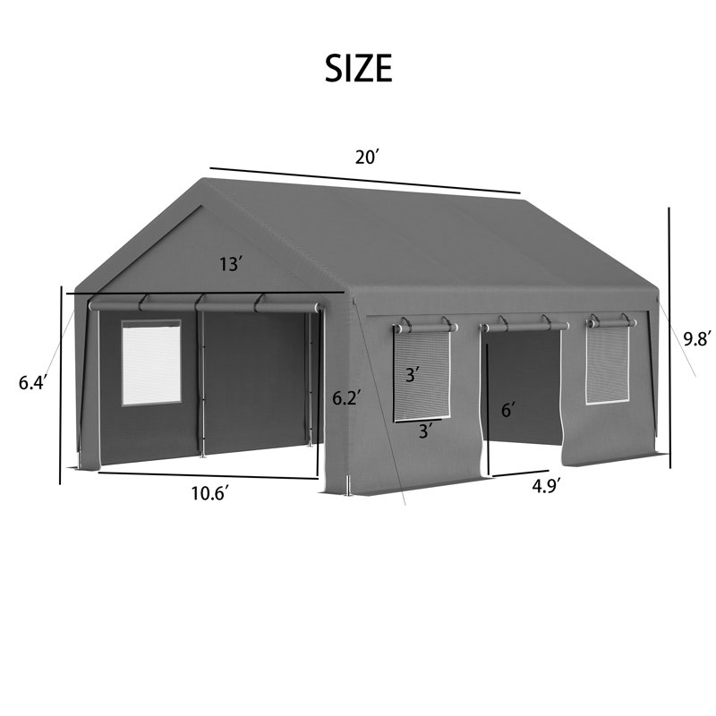 13 X 20 Ft Steel Carport Canopy, 1.5 In. Dia 16-Ga Frame, Removable Sidewalls, 35 Mph Wind Rated, Gray, Gray